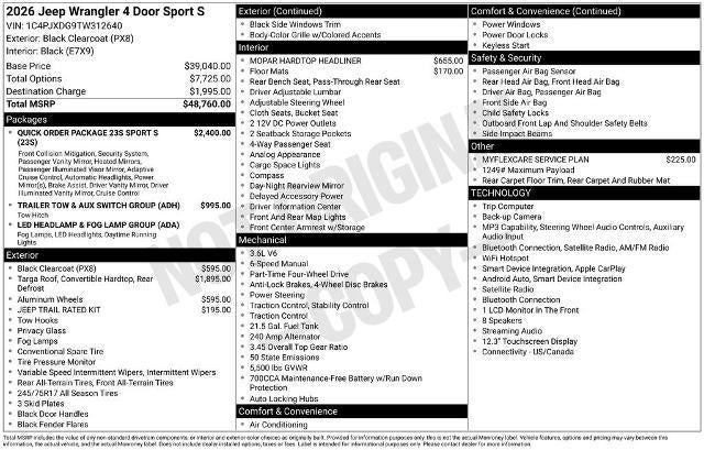 2026 Jeep Wrangler Sport S 4 Door 4x4